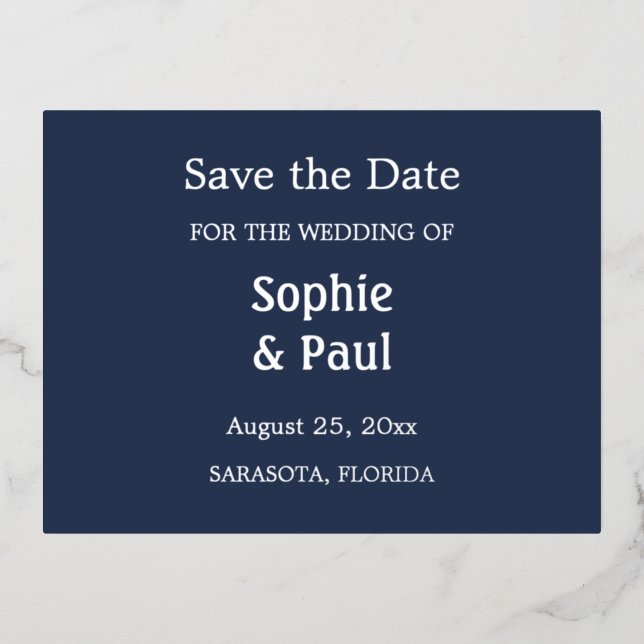Navy Blue Enregistrer la date Foil Invitation Cart (Recto)