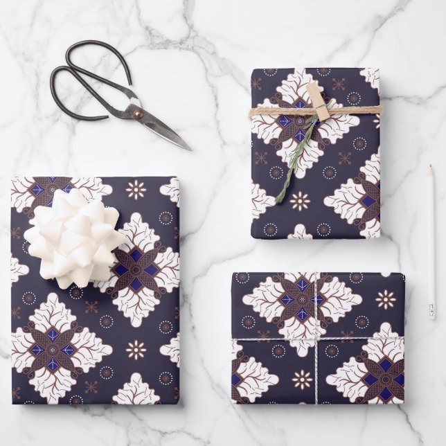 Navy blue ethnic damask batik seamless pattern wrapping paper sheet (Front)