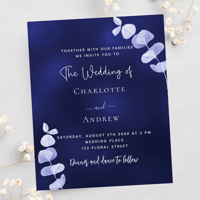 Navy blue eucalyptus budet wedding invitation (Creator Uploaded)