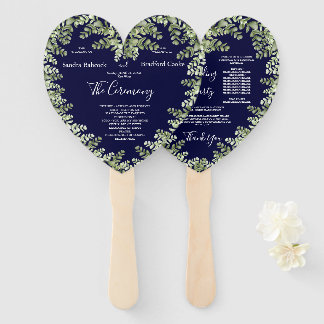 Navy Blue Eucalyptus Fall Autumn Heart Shaped Hand Fan