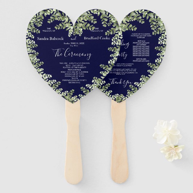 Navy Blue Eucalyptus Fall Autumn Heart Shaped Hand Fan (Front and Back)