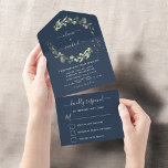 Navy Blue Eucalyptus Greenery Wedding Elegant All In One Invitation<br><div class="desc">Navy Blue Eucalyptus Greenery Succulent Botanical Watercolor Autumn,  Fall,  Spring or Summer Sage ,  Emerald Green and Gold Wedding Invitations on White background - includes beautiful and elegant script typography with modern botanical leaves and greenery for the special Wedding day celebration.</div>