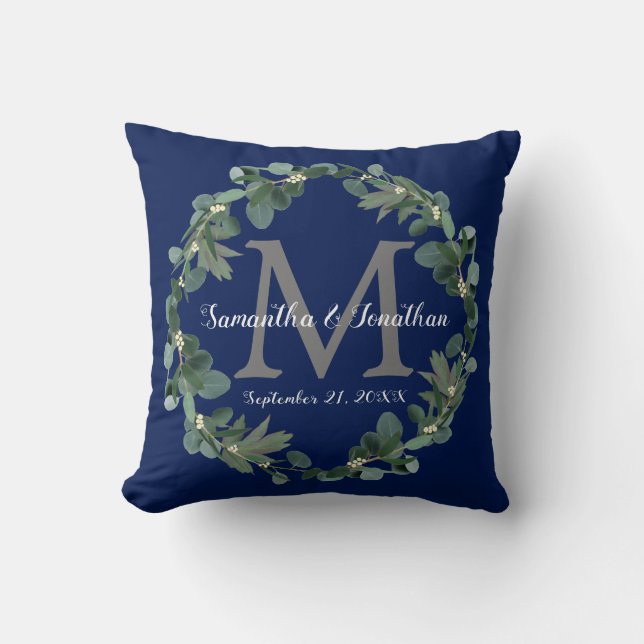 Navy Blue Eucalyptus Monogram Wedding Keepsake Throw Pillow (Front)