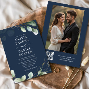 Navy Blue Eucalyptus QR Code Photo Wedding Invitation