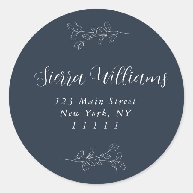Navy Blue Eucalyptus Round Return Address Label (Front)