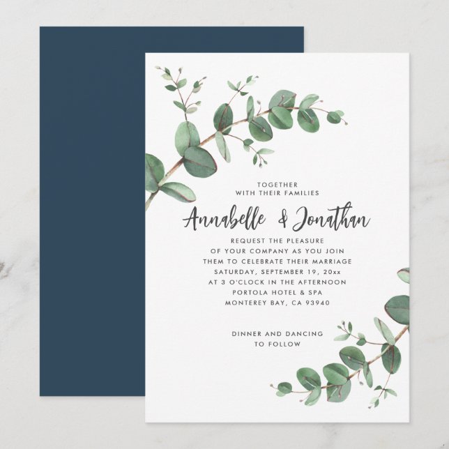 Navy Blue Eucalyptus script Modern Invitation (Front/Back)