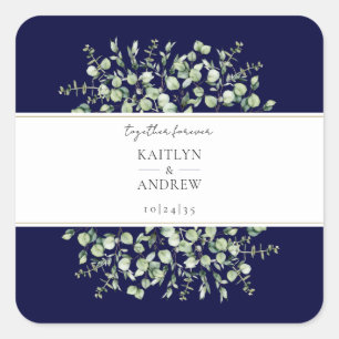Navy Blue Eucalyptus Together Forever Wedding  Square Sticker