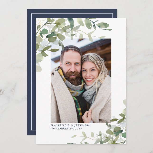 Navy Blue Eucalyptus Wedding Photo Save the Date (Front/Back)