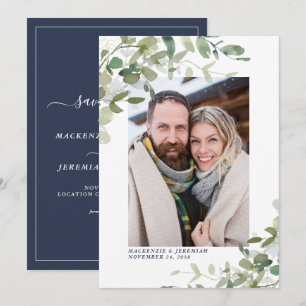 Navy Blue Eucalyptus Wedding Photo Save the Date