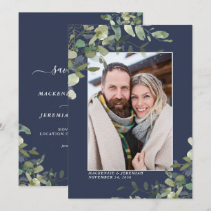 Navy Blue Eucalyptus Wedding Photo Save the Date