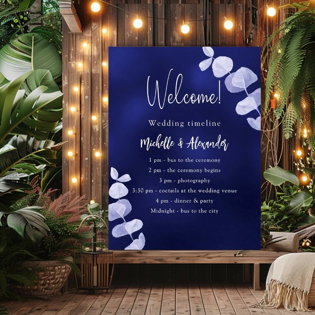 Navy blue eucalyptus wedding program timeline poster (Creator Uploaded)