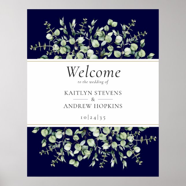 Navy Blue Eucalyptus Wedding Welcome  Poster (Front)