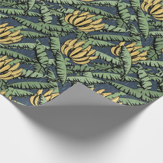 Navy Blue Exotic Yellow Bananas and Leaves  Wrapping Paper (Corner)