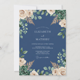 Navy Blue Exquisite Botanical Wedding Invitation