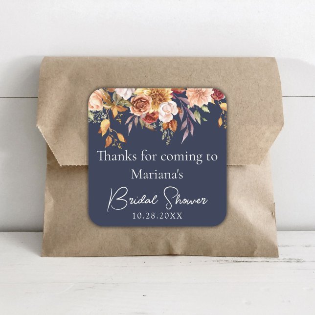 Navy Blue Fall Floral Bridal Shower Favours Square Sticker (Creator Uploaded)