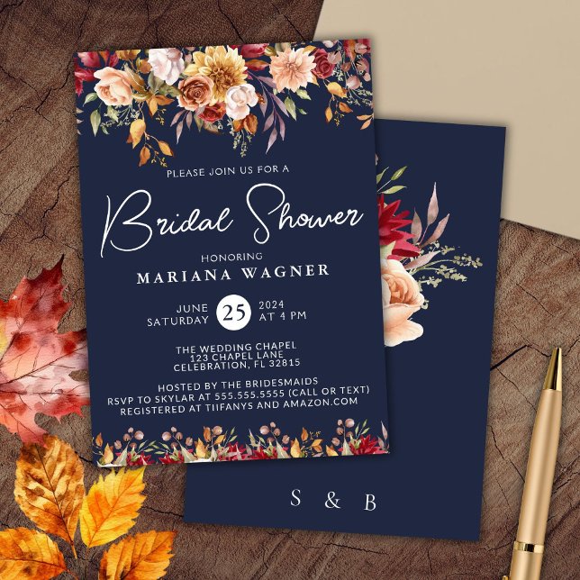 Navy Blue Fall Floral Bridal Shower Invitation (Creator Uploaded)