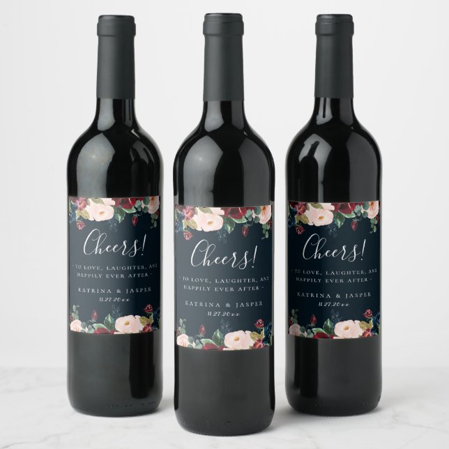 Navy Blue Fall Floral Frame Wedding Wine Label (Bottles)