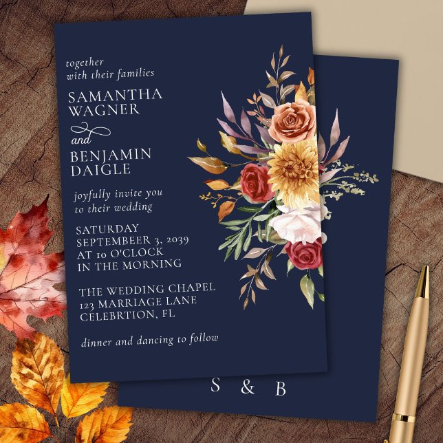Navy Blue Fall Floral Wedding Invitation (Creator Uploaded)