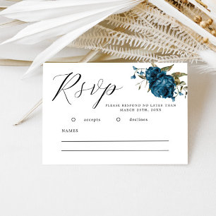 Navy Blue Fall Floral Wedding RSVP Card