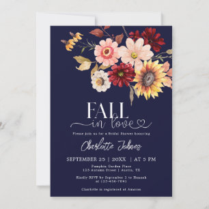 Navy Blue Fall In Love Dahlia Daisy Bridal Shower Invitation