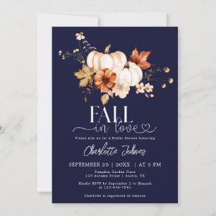 Navy Blue Fall In Love Daisy Pumpkin Bridal Shower Invitation