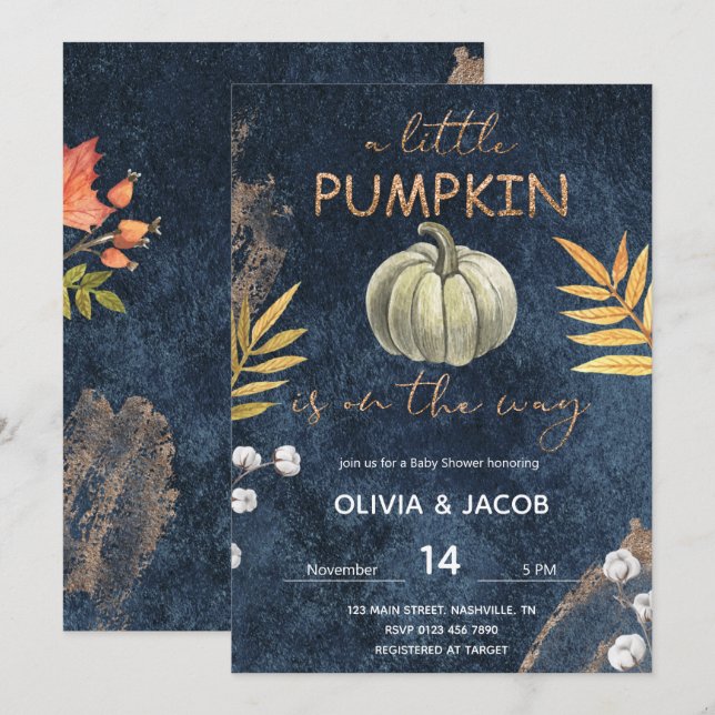 Navy Blue Fall Pumpkin Baby Shower Invitation (Front/Back)