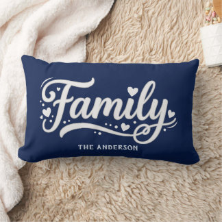 Navy Blue Family Heart Script Monogram Lumbar Pillow