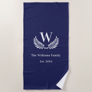 Navy blue family monogram initial laurel wreath beach towel