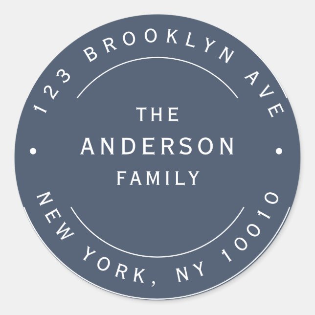 Navy Blue Family Name Round Return Address Label (Front)