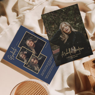 Navy Blue Fancy Script Photo Collage Graduation Announcement