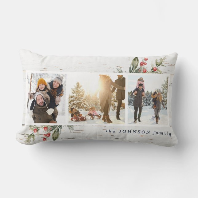 Navy Blue Farmhouse Photo Collage Plaid Xmas  Lumbar Pillow (Front)