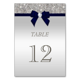 Navy Blue Faux Bow Silver Sequins Table Number