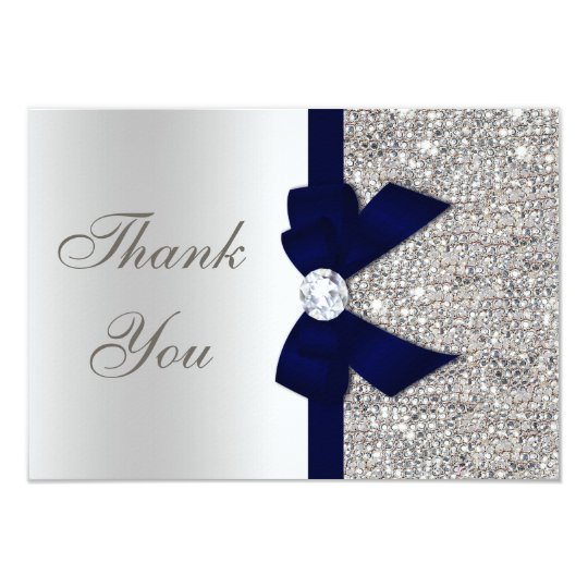 Navy Blue Faux Bow Silver Sequins Thank You Card