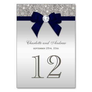 Navy Blue Faux Bow Silver Sequins Wedding Table Number