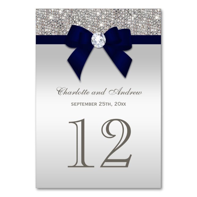 Navy Blue Faux Bow Silver Sequins Wedding Table Number (Front)