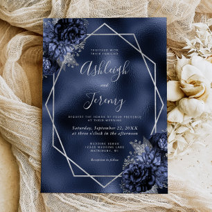 Navy Blue Faux Foil Floral Silver Frame Wedding Invitation