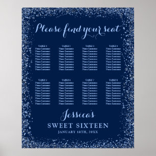 Navy Blue Faux Glitter Sweet 16 Seating Chart