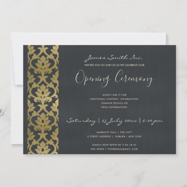NAVY BLUE FAUX GOLD DAMASK GRAND OPENING CEREMONY INVITATION (Front)