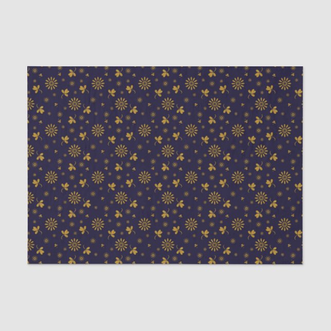 Navy Blue Faux Gold Foil Floral Leaves Tissue Paper (Front)