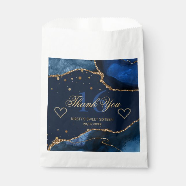 Navy Blue & Faux Gold Glitter Agate Sweet 16 Favour Bag (Front)