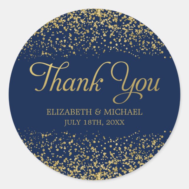 Navy Blue Faux Gold Glitter Wedding Thank You Classic Round Sticker (Front)