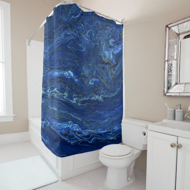 Navy Blue & Faux Gold Marble Acrylic Abstraction (In Situ)