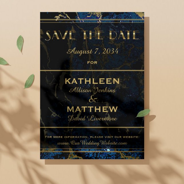 Navy Blue & (Faux) Gold Marble Wedding Save The Date (Creator Uploaded)