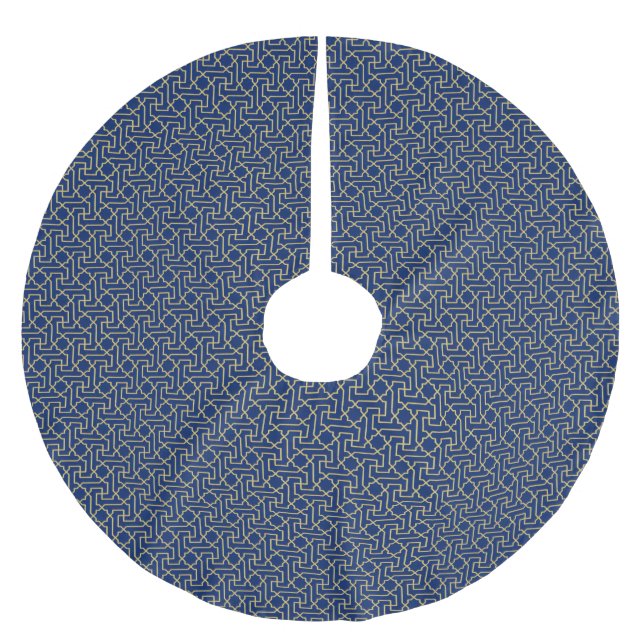 Navy Blue & Faux Gold Moroccan Mosaic Pattern Brushed Polyester Tree Skirt (Front)