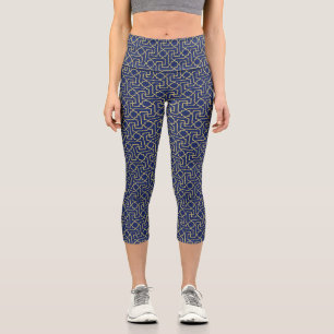 Navy Blue & Faux Gold Moroccan Mosaic Pattern Capri Leggings