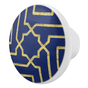 Navy Blue & Faux Gold Moroccan Mosaic Pattern  Ceramic Knob
