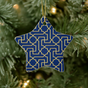 Navy Blue & Faux Gold Moroccan Mosaic Pattern  Ceramic Ornament