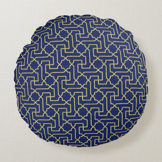 Navy Blue & Faux Gold Moroccan Mosaic Pattern  Round Pillow (Front)