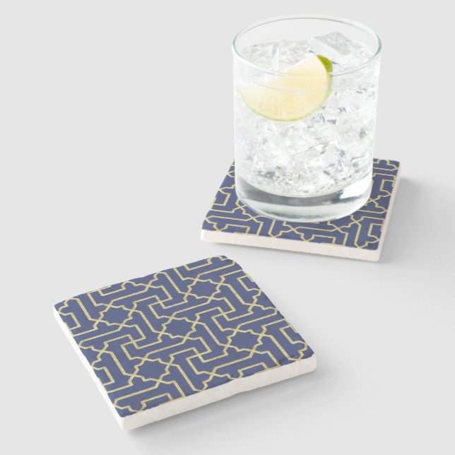 Navy Blue & Faux Gold Moroccan Mosaic Pattern Stone Coaster (Side)