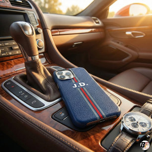 Navy Blue Faux Leather Texture Red Sport Stripe Mo